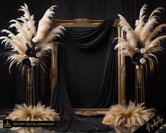 an ornate gold frame with black and white feathers on it in front of a backdrop