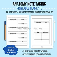 an ipad with the text anatomy note taking printable template