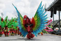 a group of people in colorful costumes walking down a street with wings on their back