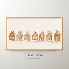 an art print of five houses in brown and white, with the words nin art brush above them