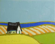 a painting of a house in the middle of a field with blue sky and green grass