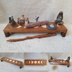 a wooden table topped with lots of items on top of a white carpeted floor