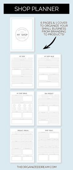 a set of four pages with the words shop planner on them and an arrow pointing to each