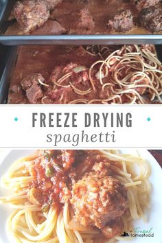 two pictures showing different types of pasta and meat in the same pan, with text overlay that reads freeze drying spaghetti