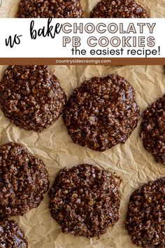 chocolate cookies on parchment paper with text overlay