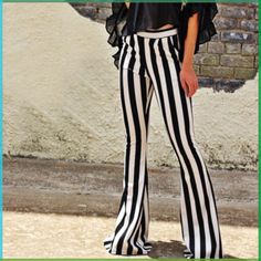 Tiktok Makeup Transformation Belle Silhouette, Bell Pants, Flare Leg Pants, Bell Bottom Pants, Black Women Fashion, Casual Stripes, High Waisted Trousers, Striped Pants, Striped Knit