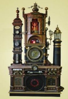 an old clock with many different clocks on it's sides, including one in the middle