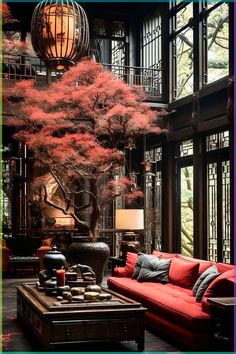 a living room filled with furniture and a tree