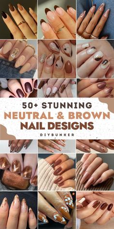 Brown Nails Different Colors, Brown Cute Nail Designs, Gel Nails Ideas Fall 2023, Brown Gel Nails Designs Short, Brown Dipped Nails, Brown Dipped Nails Ideas, Nail Art On Brown Nails, Rust Color Nails Acrylic, Bronze And Brown Nails