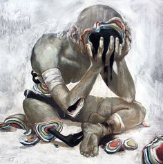 a painting of a man sitting on the ground with his hands in his face and shoes around him