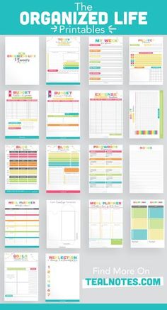 the organized life printables bundle is shown in various colors and sizes, with text that