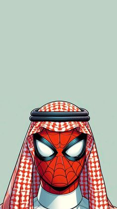 a spider - man is wearing a red and white checkered headdress with his eyes wide open