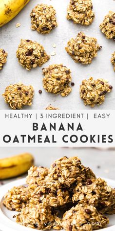 banana oatmeal cookies on a plate with bananas in the background and text overlay