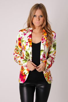 divine floral jacket- yellow/red floral Crop Tops Casual, Bright Blazer, Tops Casual, Tops Online, Knitwear Tops