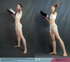 two pictures of a woman in tights holding a book and pointing at something with her right hand