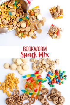 the book worm snack mix is shown in two different pictures, including cereal and pretzels