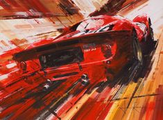 a painting of a red sports car driving down the track