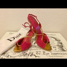 Stunning Pink/Fuchsia Suede Slingback Heel With Gold Details. Gold “D” Detail Hanging From Each Heel. Open Toe With Gold Detail Size: Eu 37 1/2 - Us 7 Heel Heigh: 3 1/2” Comes With Original Box & Dust Bag Slingback Heel, Pink Suede, Lace Up Flat, Gold Details, Open Toe, Christian Dior, Shoes Women Heels, Pink And Gold, Sandals Heels