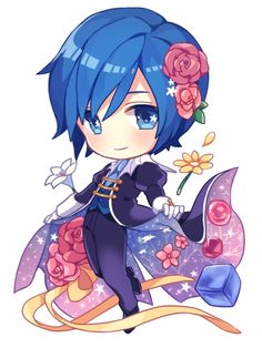 an anime character with blue hair and flowers on her head sitting on a sled