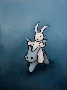 a painting of a white rabbit riding on top of a gray animal