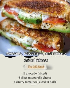 two grilled cheese sandwiches stacked on top of each other with the words, avocado, mozzarella and tomato grilled cheese