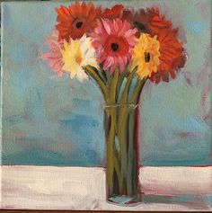 a painting of flowers in a vase on a table