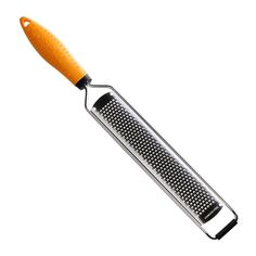 a cheese grater with an orange handle on a white background in the shape of a rolling grater