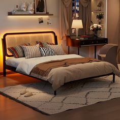 Queen Size Wood Storage Platform Bed with LED Light, Rattan Headboard