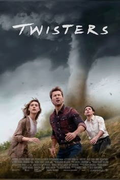 the movie twisters features two people standing in front of a tornado