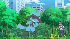 two people are walking through the park with pokemon