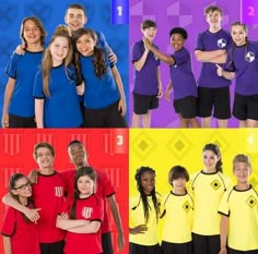 four different pictures of young people in sports uniforms, one with her arms around the other's shoulders