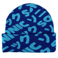 This awesome beanie inspired by the classic Sonic the Hedgehog video game from Sega will warm you up but make you look cool on cooler days! This vibrant hat features a bright blue all-over print of the Sonic logo and a flat embroidered patch of Sonic running along the front cuff. This cozy blue beanie is made of high-quality acrylic yarn so it gives a snug yet comfortable and warm fit for all day wear. The Sonic Flat Embroidery Blue AOP Jacquard Acrylic Knit Beanie is a must-have for Sonic fans! Blue Winter Beanie Cap, Blue Beanie For Winter, Warm Blue Beanie Cap, Retro Blue Hat For Streetwear, Trendy Warm Blue Hats, Blue Casual Beanie For Streetwear, Trendy Blue Beanie, Blue Outdoor Beanie Hat, Outdoor Blue Beanie Hat