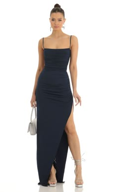 Calla Rhinestone Strap Maxi Dress in Navy | LUCY IN THE SKY Navy Blue Dress Outfit, Winter Dance Dresses, Formal Dresses Tight, Blue Dress Outfits, Basic Dresses, Navy Prom Dresses, Navy Blue Prom Dresses, Strap Maxi Dress, Deb Dresses