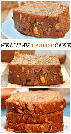 healthy carrot cake with nuts and raisins on top is shown in three different pictures