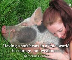 a woman laying in the grass next to a pig with a quote on it that says having a soft heart in a cruel world is courage, not weakness