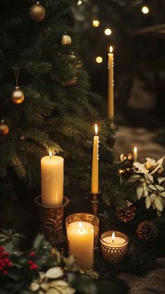 candles are lit in front of a christmas tree