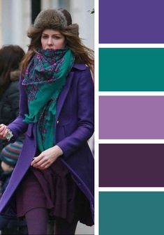 Violet And Green Outfit, Pink Outfit Color Combos, Outfit Color Combos, Winter Color Palette, Purple Coat