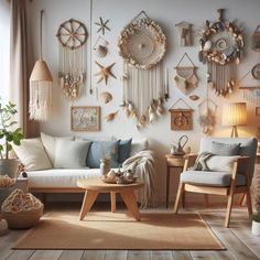 a living room filled with furniture and lots of hanging decorations on the wall above it