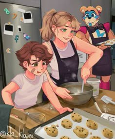 two people cooking cookies in the kitchen with a bear on the counter behind them and another person standing next to her