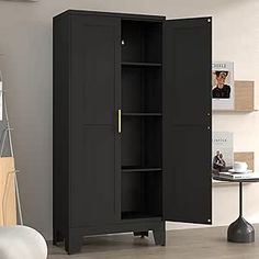 a tall black cabinet sitting in a living room