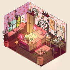 an illustrated drawing of a bedroom with pink walls and flooring, plants on the bed