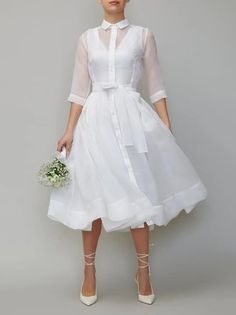 Luxury White Dresses With 3/4 Sleeve, High Collar Dress White, Plain Midi Dress, Voluminous Skirt, Organza Shirt, Elegant Shawl, Dress Name, Collared Shirt Dress, Jersey Skirt