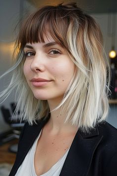 Best Haircuts and Hairstyles with Bangs in 2024 Red Blonde Ombre Hair, Layered Lob Hairstyles, Beachy Blonde Balayage, Lob Haircut With Bangs, Best Curly Haircuts, Beachy Blonde, Lob Hairstyles, Brunette Roots, Layered Lob