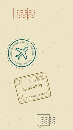 an airplane ticket is flying through the air with stamps around it and below it, there is a stamp that says travel time