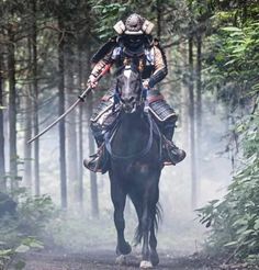 a man riding on the back of a black horse through a forest filled with trees