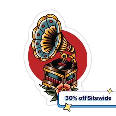 a sticker with an old fashioned record player on it's side and the words 30 % off site wide