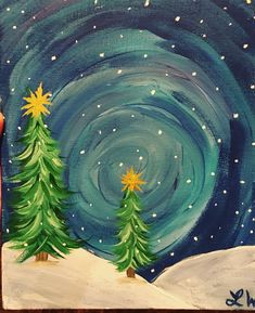 an acrylic painting of trees and stars in the night sky