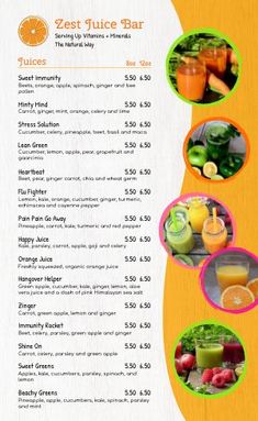 a menu for juice bar with oranges, kiwi and other drinks