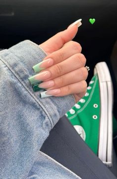 #greenaesthetics #green #nailsofinstagram Green Squared Acrylics, Squared Green Nails, Shades Of Green French Tip Nails, Nail Ideas With Green, Spring Nails Ballerina Shape, June Acrylic Nail Designs, Different Green Nails, Green French Acrylic Nails, Green Nail Designs Square