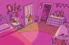 a cartoon bedroom with pink walls and furniture